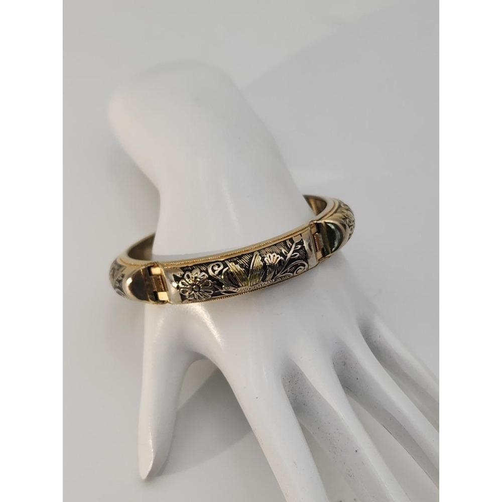 Vintage gold‎ tone damascene internal spring stretch BIRD bangle bracelet
